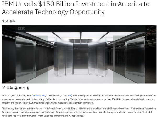 配资世家股票平台 IBM宣布1500亿美元投资计划 推动AI大型机、量子计算设备研发制造